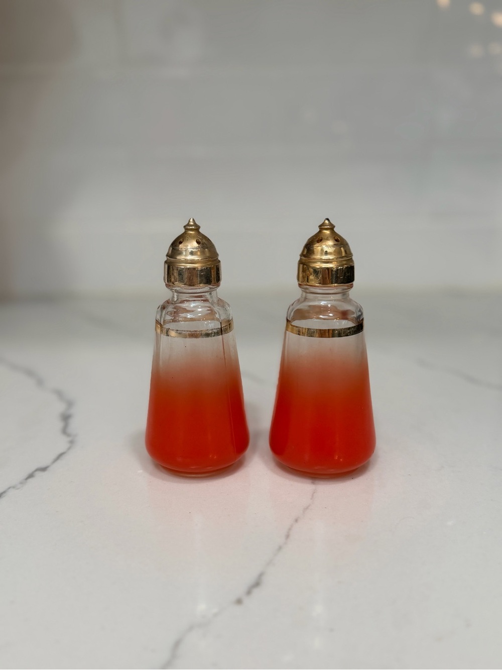 Anchor Hocking Red Ombre Glass Salt and Pepper Shakers with Gold Caps